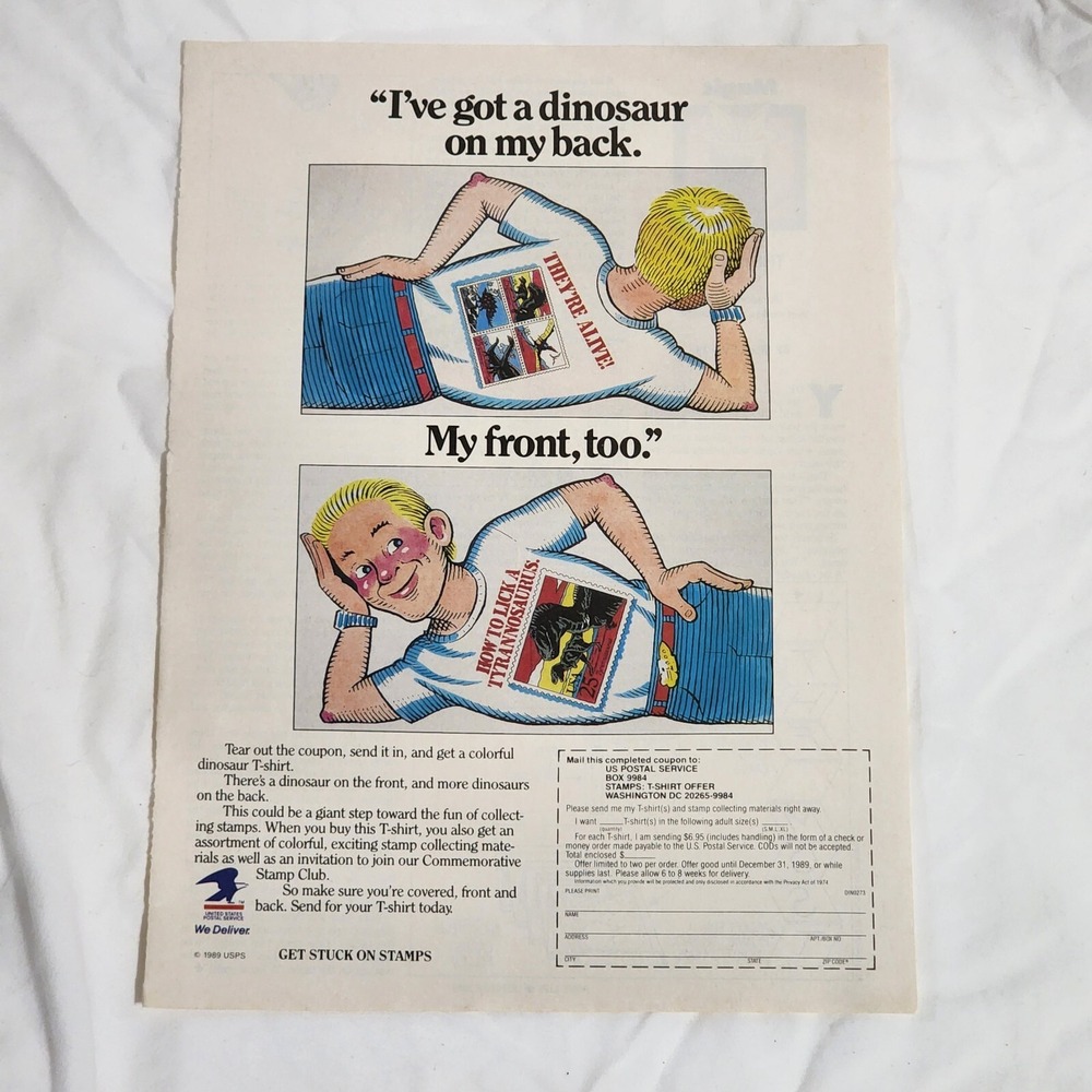 Vintage Print Ad USPS dinosaur t-shirt drawing art cartoon clipping 1989